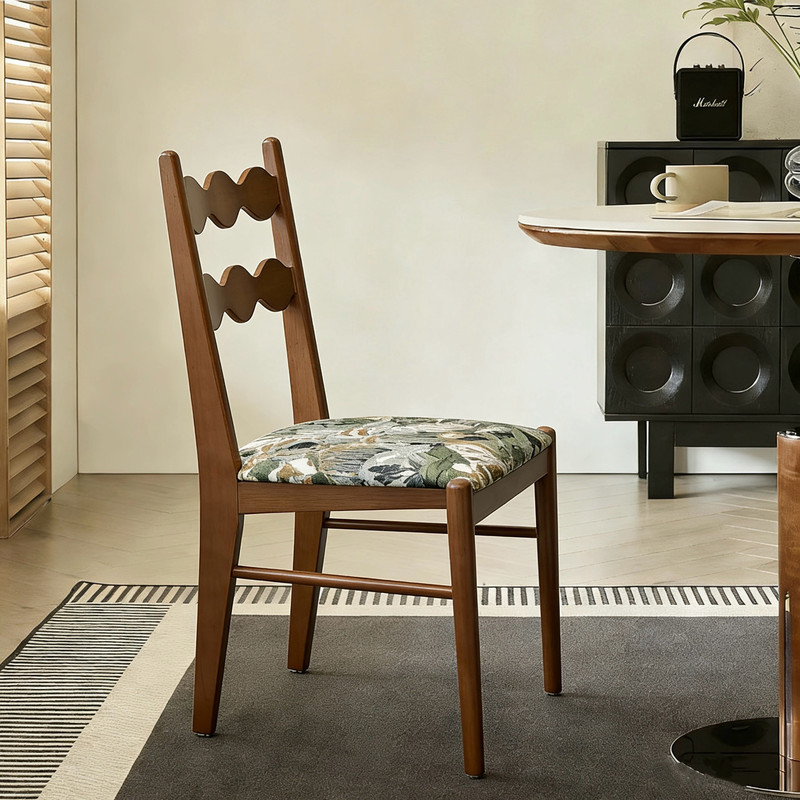 GDC Elegant Wood Dining Chair Patterned Cushion Seat Wave-Shaped