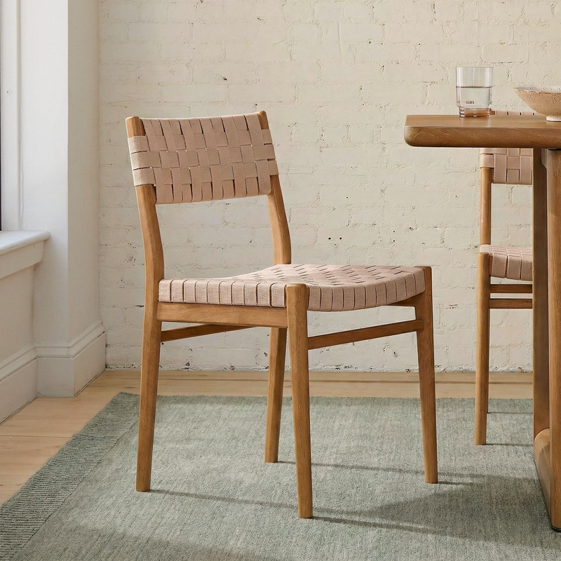 Blush Pink Woven Webbing Dining Chair Solid White Oak