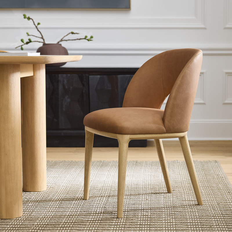 Cognac Tan Leather Upholstered Curved Back Dining Chair Solid