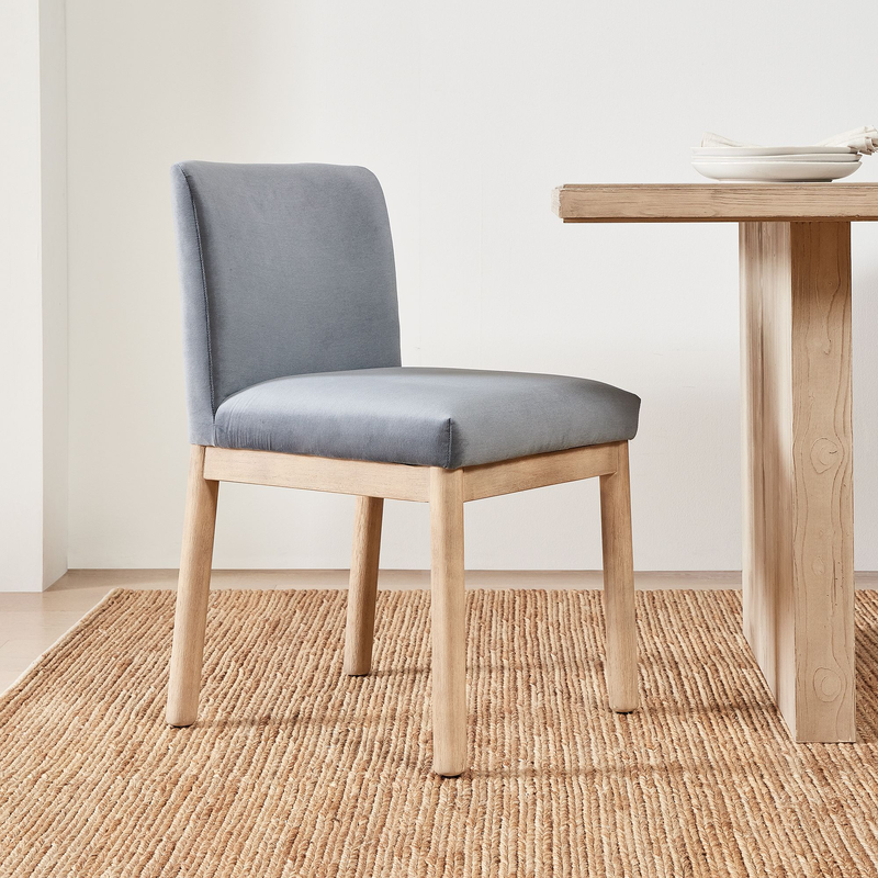 Misty Blue Fabric Upholstered Dining Chair Solid White Oak