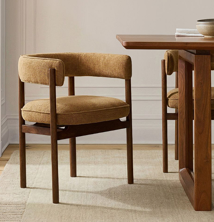 Mustard Yellow Upholstered Dining Chair Curved Backrest Solid Walnut