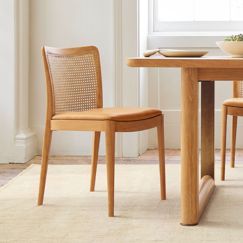 Natural Rattan Cane Back Dining Chair Tan Leather Seat