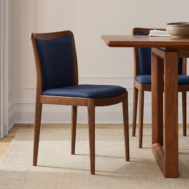 Navy Blue Fabric Upholstered Dining Chair Curved Back Solid