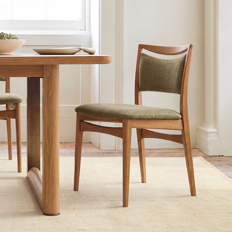 Olive Green Fabric Dining Chair Sculpted Walnut Wood Frame