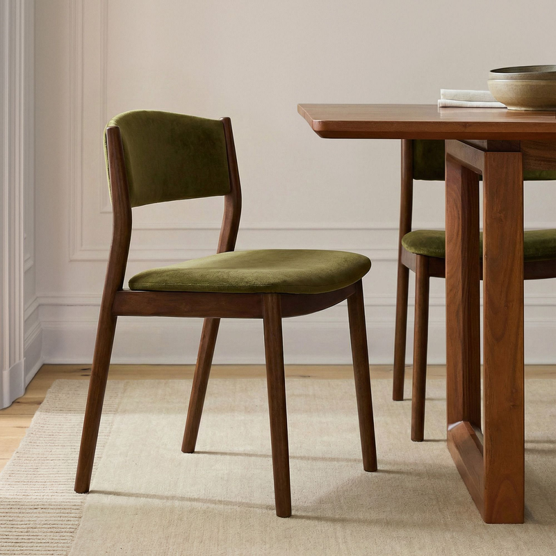 Olive Green Velvet Upholstered Dining Chair Solid Walnut Wood