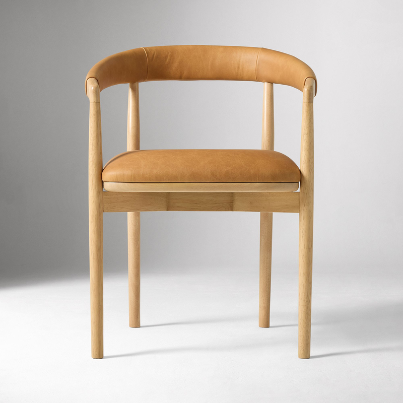 Tan Leather Upholstered Dining Armchair Solid White Oak Frame