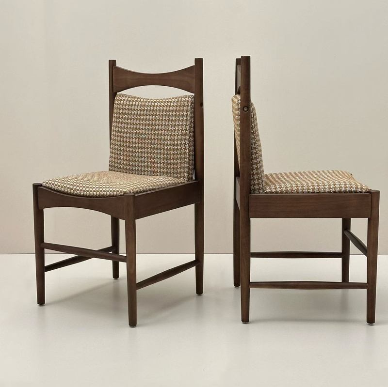 GDC Checkered Fabric Dining Chair Solid Wood Frame French