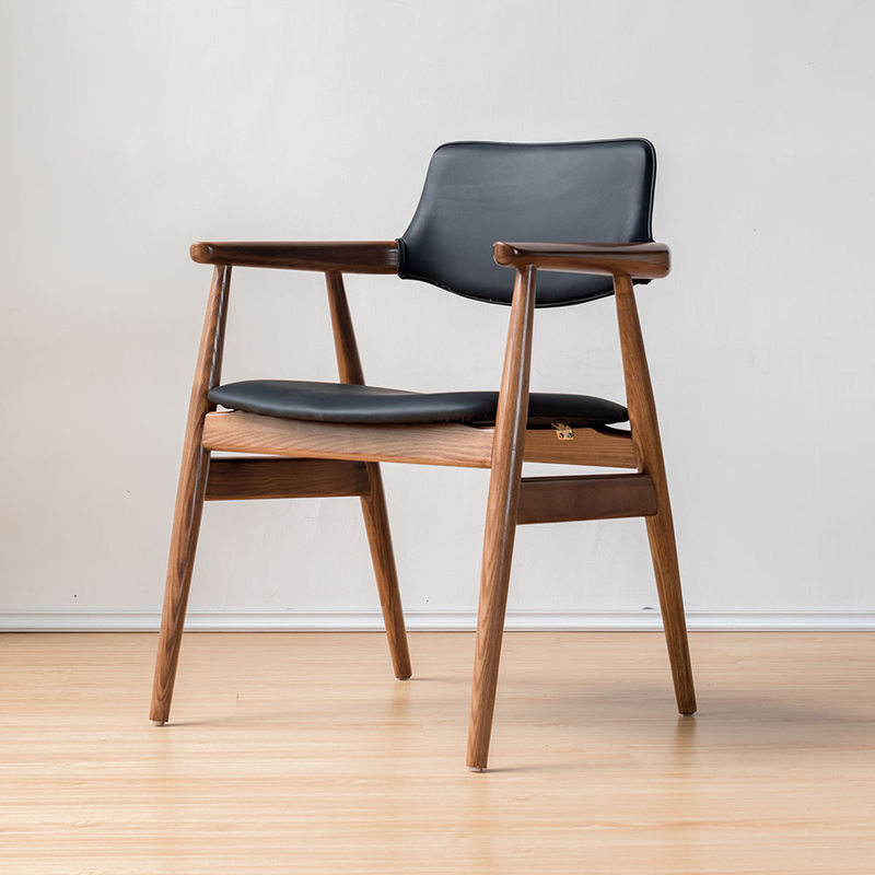 GDC Nordic Design Walnut Black Leather Upholstered Solid Wood