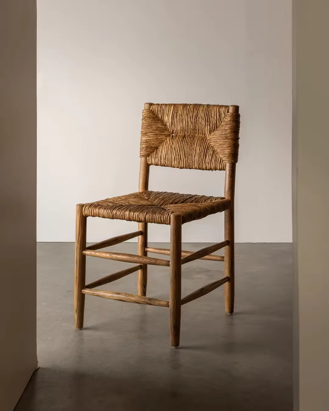 GDC Factory Natural Grass Rattan Dining Chair Solid Wood